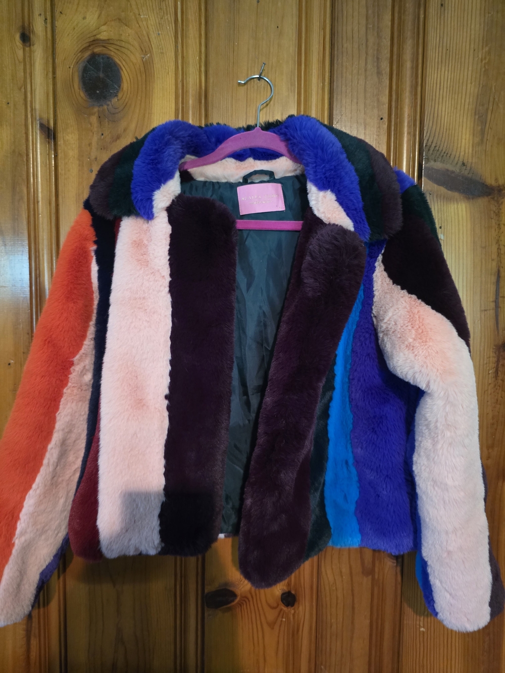 Multicolor Faux Fur Bomber Jacket - Women's Bold Stripe Coat - Picture 14 of 16